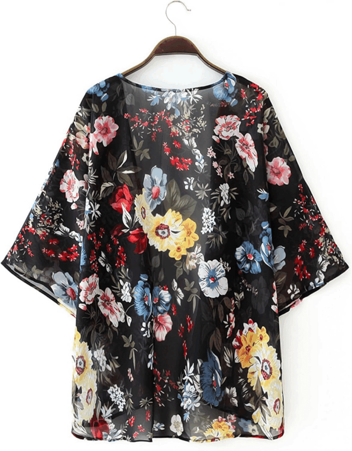 Women Floral Print Lightweight Chiffon Kimono Cardigan Short Sleeve Loose Beach Wear Cover up Blouse Top - Image 4