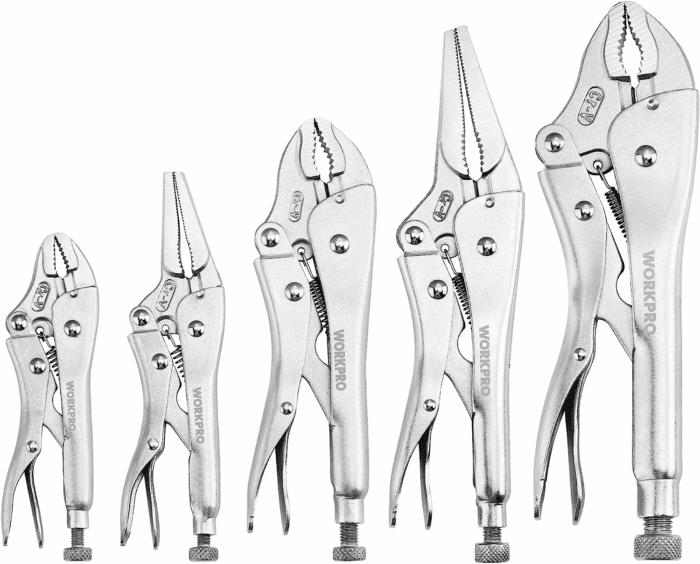5-Piece Locking Pliers Set, Pliers Tool Set, Vice Grips with Chrome-Vanadium Steel, 5/7/10 Inch Curved Jaw Pliers, 6.5/9 Inch Long Nose Pliers