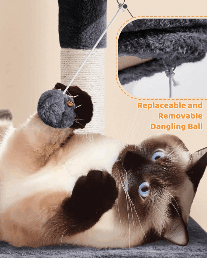 Large Multi-Level Cat Tree, 63 Inches Tall with Sisal-Covered Scratching Posts, Condo, Hammock, Dangling Ball, and Extended Platform for Cats to Play and Sleep - Image 8