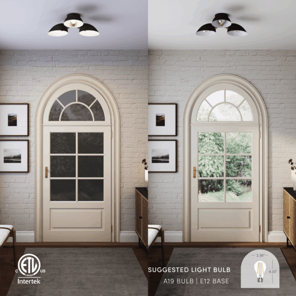 Argo Semi Flush Ceiling Mount 3-Light Fixture with Retro Black Rounded Shade for Hallway, Kitchen or Bedroom - Image 5