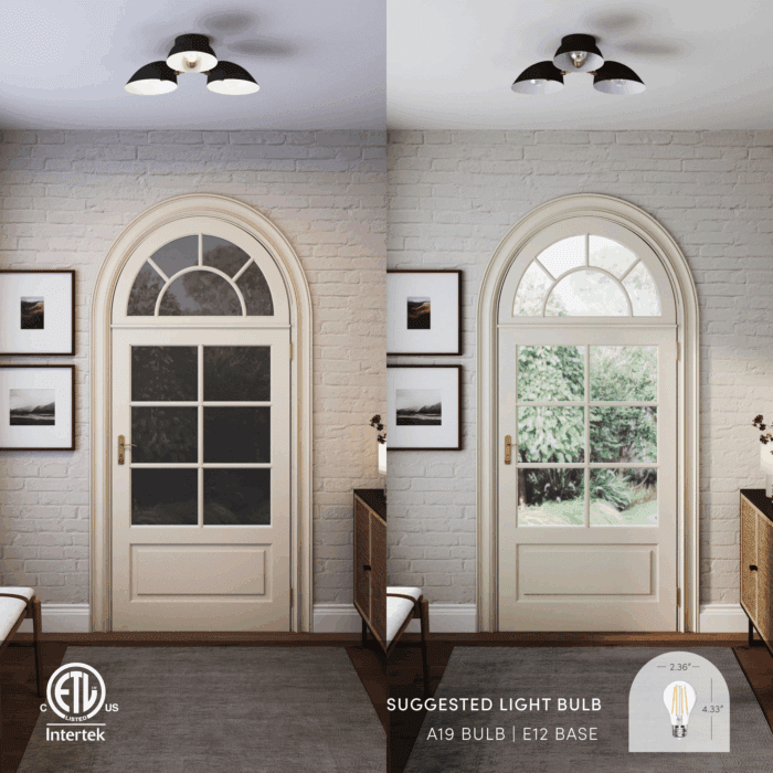 Argo Semi Flush Ceiling Mount 3-Light Fixture with Retro Black Rounded Shade for Hallway, Kitchen or Bedroom - Image 5