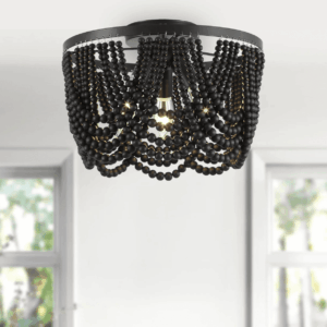Black 12.6 Inch Wood Bead Chandelier Flush Mount Ceiling Light Fixture 3-Light Boho Light Fixtures Ceiling Farmhouse Chandeliers for Bedroom Dining Room