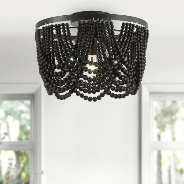 Black 12.6 Inch Wood Bead Chandelier Flush Mount Ceiling Light Fixture 3-Light Boho Light Fixtures Ceiling Farmhouse Chandeliers for Bedroom Dining Room