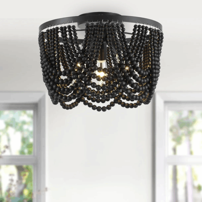 Black 12.6 Inch Wood Bead Chandelier Flush Mount Ceiling Light Fixture 3-Light Boho Light Fixtures Ceiling Farmhouse Chandeliers for Bedroom Dining Room