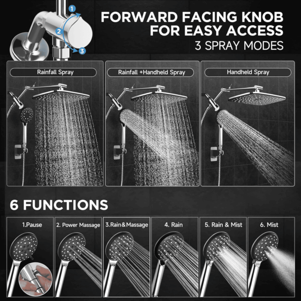 Wide Rain Shower Head with 6 Modes Handheld Water Spray，High Pressure Showerhead Combo with Arm for Bathroom Accessories，Home Decor Adjustable Dual Shower with Anti-Clog Nozzles,Silver Chrome - Image 3