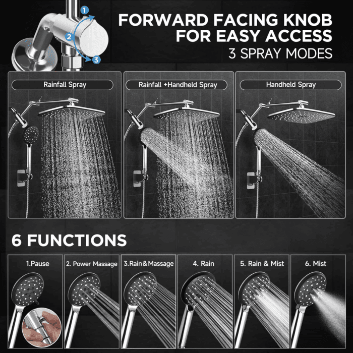 Wide Rain Shower Head with 6 Modes Handheld Water Spray，High Pressure Showerhead Combo with Arm for Bathroom Accessories，Home Decor Adjustable Dual Shower with Anti-Clog Nozzles,Silver Chrome - Image 3