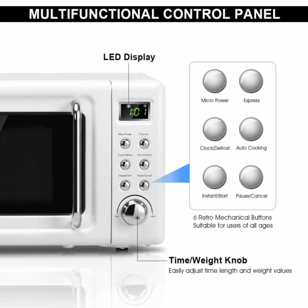 0.7Cu.Ft Retro Countertop Microwave Oven 700W LED Display Glass Turntable White - Image 9