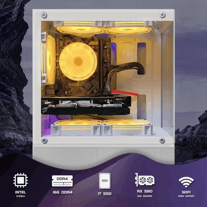Gaming Desktop PC, RX 580 16G, Intel 10Th Gen G5905 3.5G, 16G RAM, 1T SSD, Wifi, BT 5.0, RGB Fan X 5, Windows 11 Home - Image 2