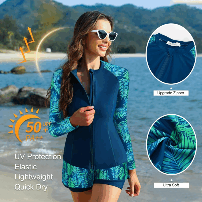 Women'S 3 Piece Rash Guard Long Sleeve Swimsuits with Boyshorts Zip up UPF 50+ Swim Shirt Built in Bra - Image 2