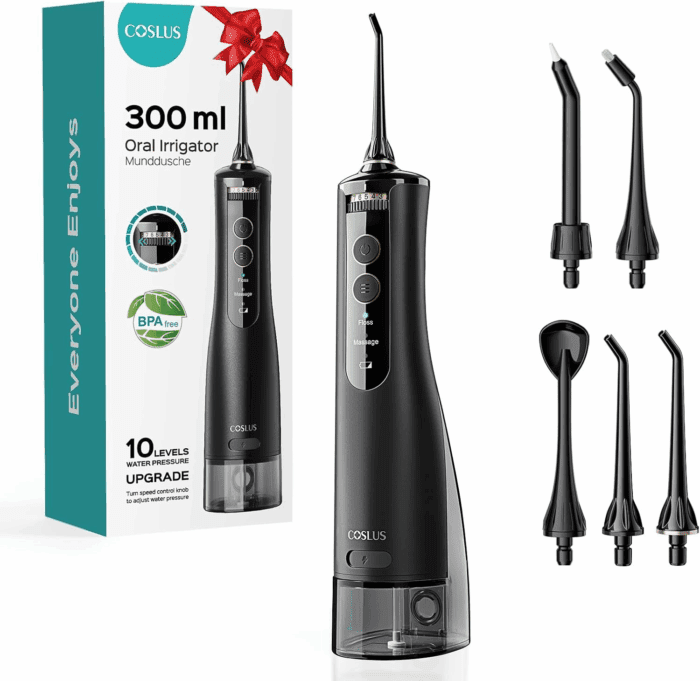 Cordless Water Flosser & Dental Pick for Teeth, Braces, Gums Care - Advanced 10 Pressure Settings for Multiple Users, Rechargeable, Portable for Travel, Bpa-Free, Black, E40(WFP14)