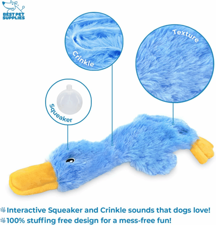 Crinkle Dog Toy for Small, Medium, and Large Breeds, Cute No Stuffing Duck with Soft Squeaker, Fun for Indoor Puppies and Senior Pups, Plush No Mess Chew and Play - Blue - Image 3
