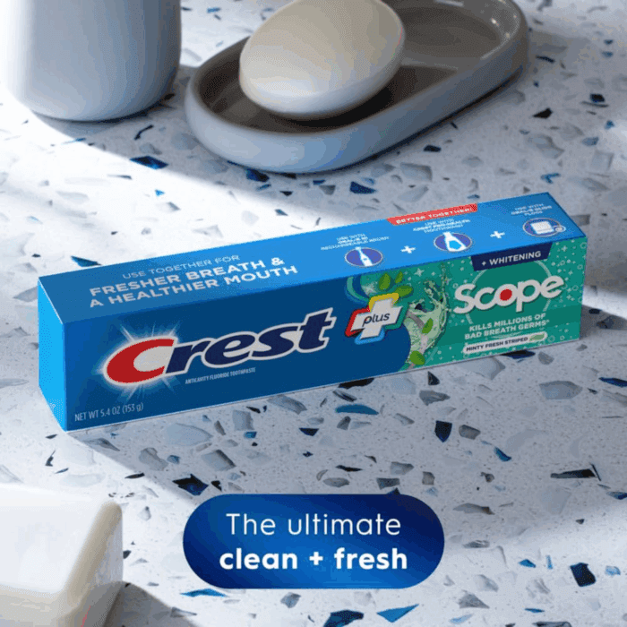 + Scope Whitening Toothpaste - Pack of 3, 5.4 Oz Tubes - Anticavity Fluoride Toothpaste, Fresh Breath, Kills Germs - Tartar Protection, Enamel Protection - Minty Fresh Flavor - Image 2