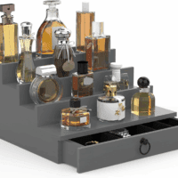 Cologne Organizer for Men, 4 Tier Wood Perfume Organizer with Felt Lining Drawer and Hidden Compartment, Perfume Display Holder, a Gift for Men