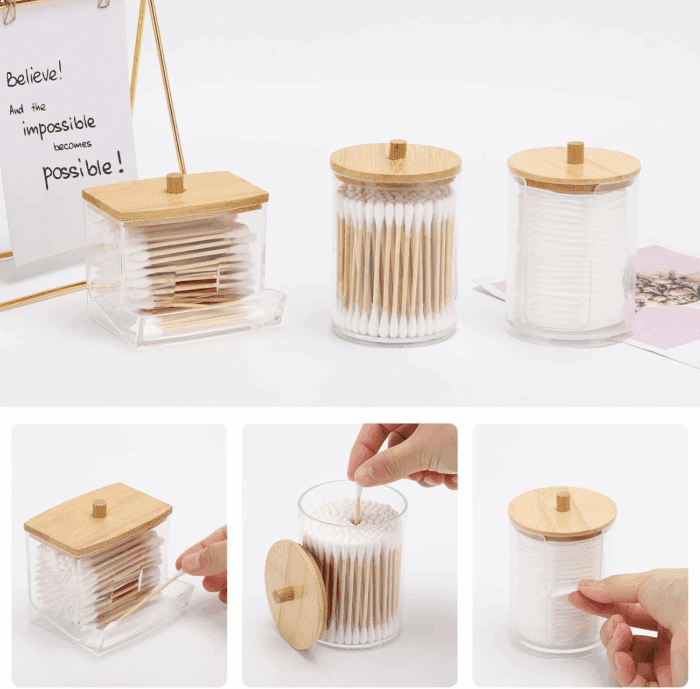 Bathroom Organizer Accessories Set-10 OZ,7 OZ Qtips Holder Storage with Brown Wood Lids, Cotton Ball/Swabs Dispenser, Apothecary Container Jar 3 Pcs - Image 3