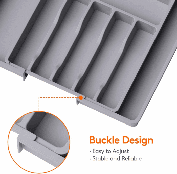 Silverware Drawer Organizer, Expandable Utensil Tray for Kitchen, BPA Free Flatware and Cutlery Holder, Adjustable Plastic Storage for Spoons Forks Knives, Large, Grey - Image 7