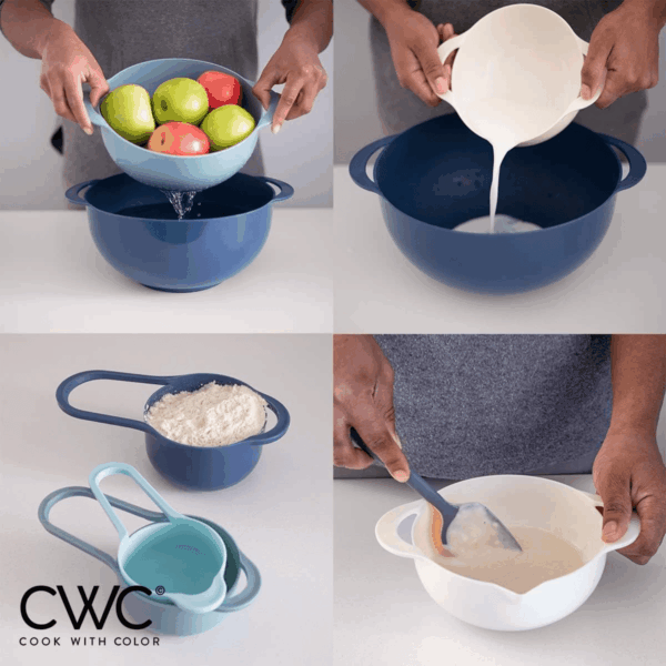 8Pc Nesting Bowl Set, Teal - Includes 2 Mixing Bowls, Colander, Sifter, 4 Measuring Cups, Polypropylene, Dishwasher Safe, BPA Free - Image 4