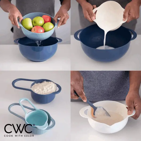 8Pc Nesting Bowl Set, Teal - Includes 2 Mixing Bowls, Colander, Sifter, 4 Measuring Cups, Polypropylene, Dishwasher Safe, BPA Free - Image 4