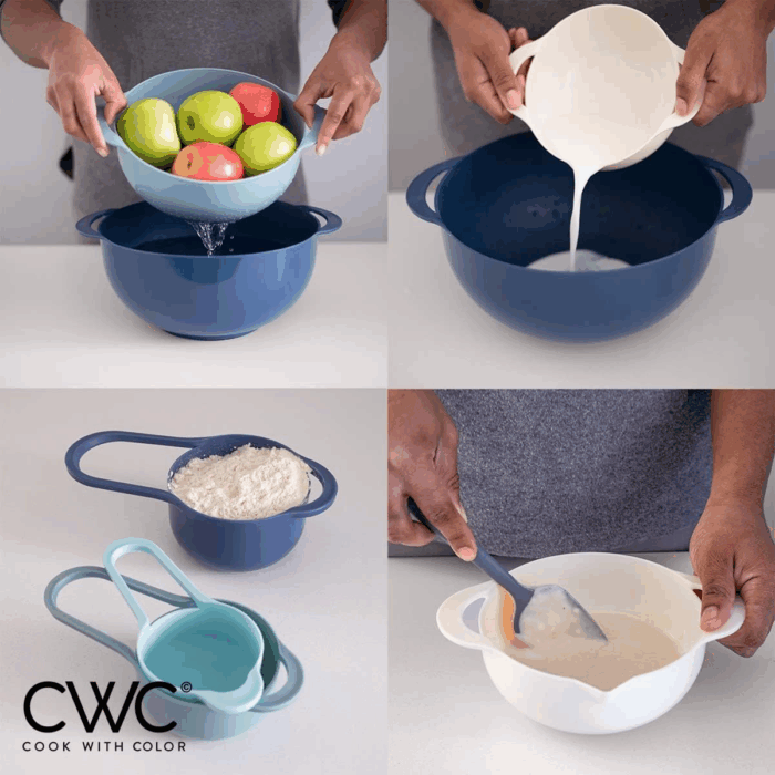 8Pc Nesting Bowl Set, Teal - Includes 2 Mixing Bowls, Colander, Sifter, 4 Measuring Cups, Polypropylene, Dishwasher Safe, BPA Free - Image 4