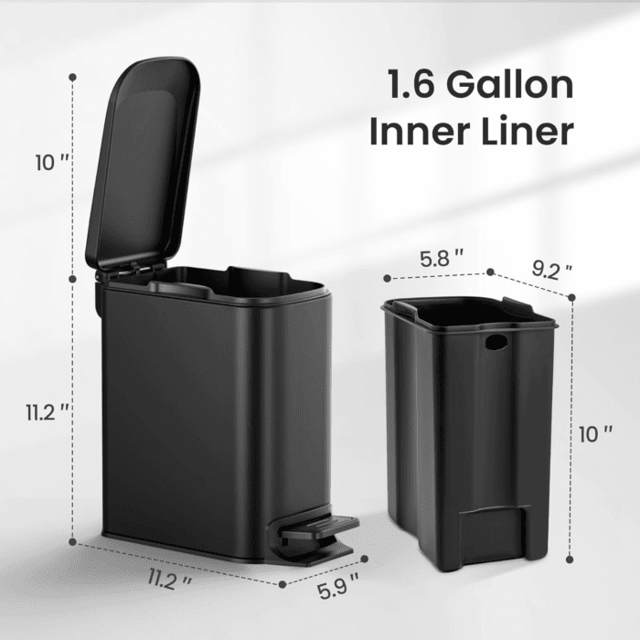 Small Bathroom Trash Can with Lid Soft Close, Step Pedal, 6 Liter / 1.6 Gallon Stainless Steel Garbage Can with Removable Inner Bucket, Anti-Fingerprint Finish (Matt Black) - Image 6