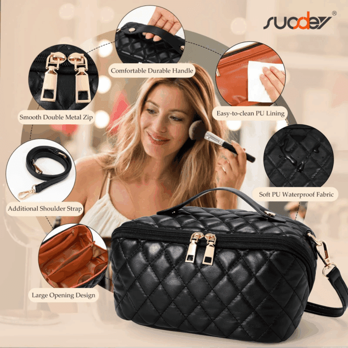 2 in 1 Crossbody Makeup Bag,Large Capacity Luxury Leather Cosmetic Bag for Travel - Image 3