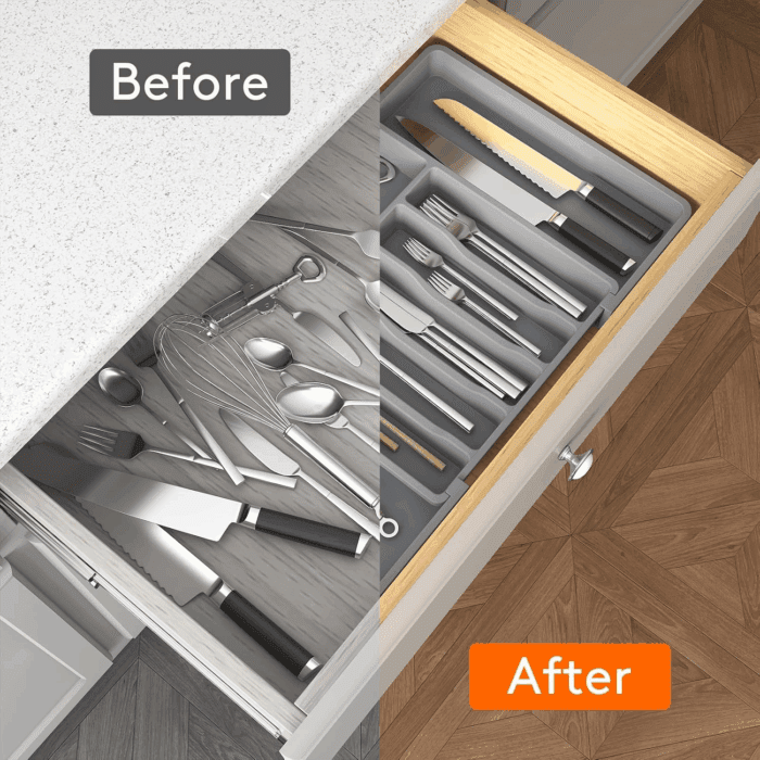 Silverware Drawer Organizer, Expandable Utensil Tray for Kitchen, BPA Free Flatware and Cutlery Holder, Adjustable Plastic Storage for Spoons Forks Knives, Large, Grey - Image 6
