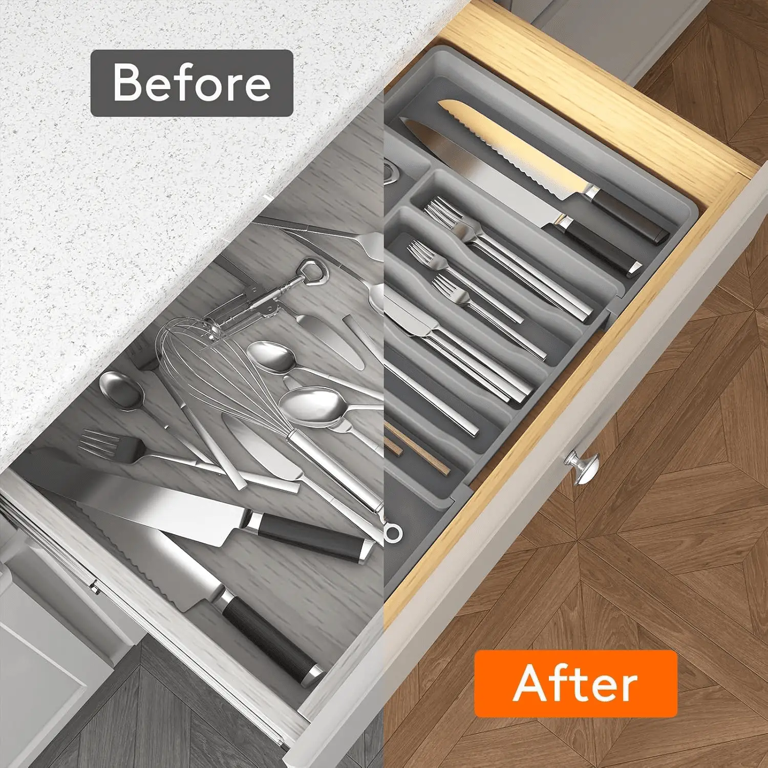 Silverware Drawer Organizer, Expandable Utensil Tray for Kitchen, BPA Free Flatware and Cutlery Holder, Adjustable Plastic Storage for Spoons Forks Knives, Large, Grey - Image 6