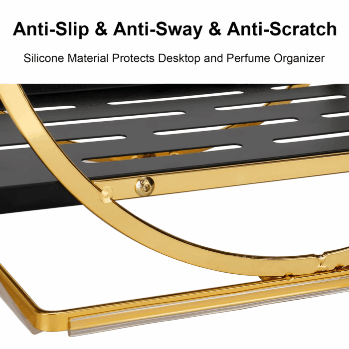 2 Tier Anti-Slip & Anti-Sway Perfume Organizer for Dresser, Solid Carbon Steel Perfume Stand with Silicone Anti-Slip Strips, Multifunction Perfume Display for Lotion, Cosmetic, Skincare, Gold - Image 7