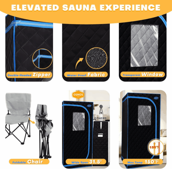 Portable Steam Sauna Tent Full Size, Oversized Personal Sauna Kit for Home Spa, Lightweight Sauna Box with Steamer, Time & Temperature Remote Control, Foldable Chair, 32'' X 32'' X 63'' - Image 6