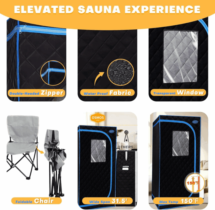 Portable Steam Sauna Tent Full Size, Oversized Personal Sauna Kit for Home Spa, Lightweight Sauna Box with Steamer, Time & Temperature Remote Control, Foldable Chair, 32'' X 32'' X 63'' - Image 6