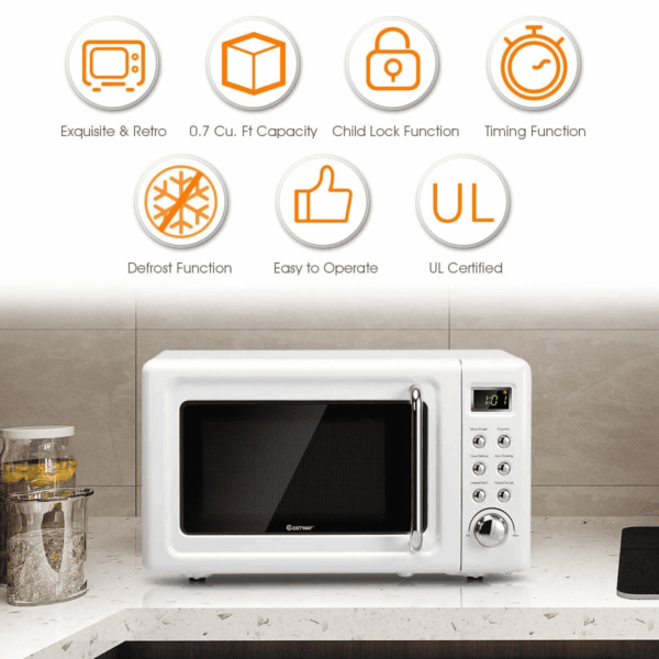 0.7Cu.Ft Retro Countertop Microwave Oven 700W LED Display Glass Turntable White - Image 8