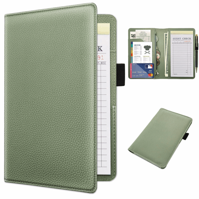 Server Book with Zipper Pocket, Premium Leather Server Books for Waitress, Waiter Wallet Waitress Book Fit Server Apron, Agave Green