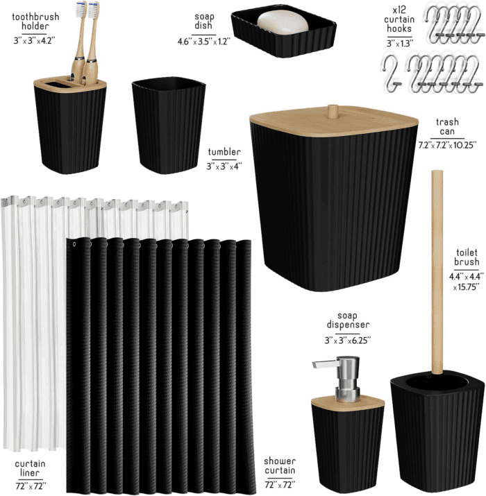 Bathroom Accessories Set - Bathroom Set, 20PC Bathroom Accessory Set, Black Shower Curtain Set, Toilet Brush, Trash Can & Soap Dispenser - Image 2