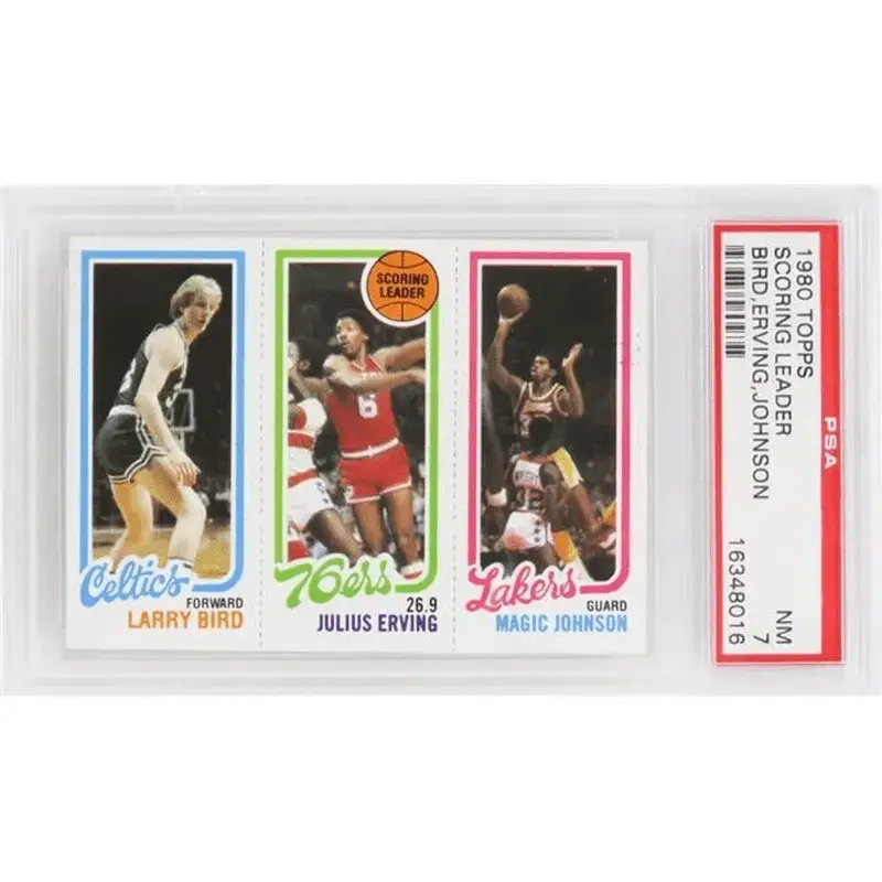 Larry Bird, Magic Johnson & Julius Erving 1980 Topps Scoring Leader RC Card - PSA 7 NM - B