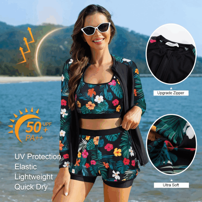 Women'S 3 Piece Rash Guard Long Sleeve Swimsuits with Boyshorts Zip up UPF 50+ Swim Shirt Built in Bra - Image 2