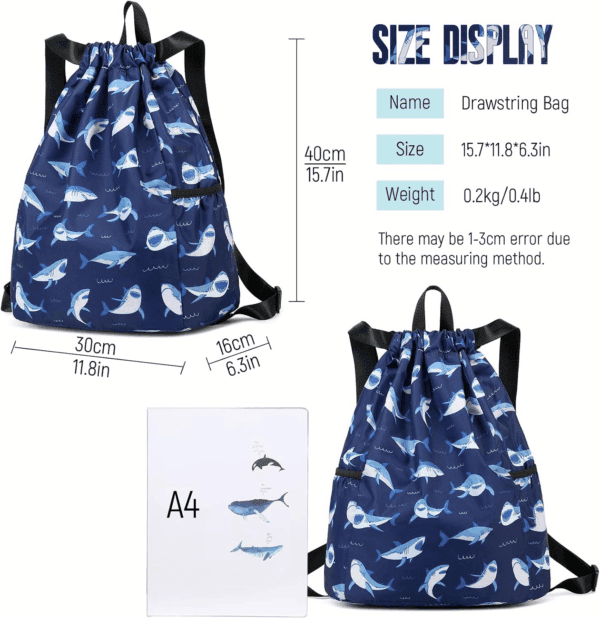 Children Boy Girl Ocean Shark Print Drawstring Backpack Outdoor Casaul Portable Shoulder Bag Swim Gymsack Sack Pack Dark Blue - Image 2
