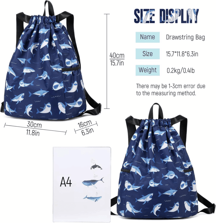 Children Boy Girl Ocean Shark Print Drawstring Backpack Outdoor Casaul Portable Shoulder Bag Swim Gymsack Sack Pack Dark Blue - Image 2