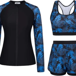 Women'S 3 Piece Rash Guard Long Sleeve Swimsuits with Boyshorts Zip up UPF 50+ Swim Shirt Built in Bra