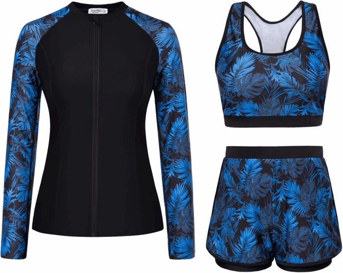 Women'S 3 Piece Rash Guard Long Sleeve Swimsuits with Boyshorts Zip up UPF 50+ Swim Shirt Built in Bra