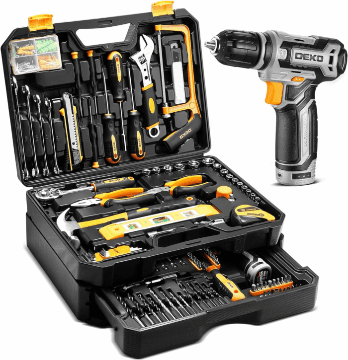 Tool Kit Box Drill Set： Home Mechanic Toolbox with 12V Power Cordless Drill Hand Repair Tools Sets Combo Kits Storage Organizer Drawer Case for Men