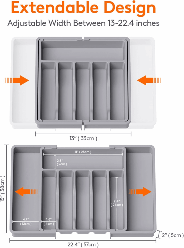 Silverware Drawer Organizer, Expandable Utensil Tray for Kitchen, BPA Free Flatware and Cutlery Holder, Adjustable Plastic Storage for Spoons Forks Knives, Large, Grey - Image 3