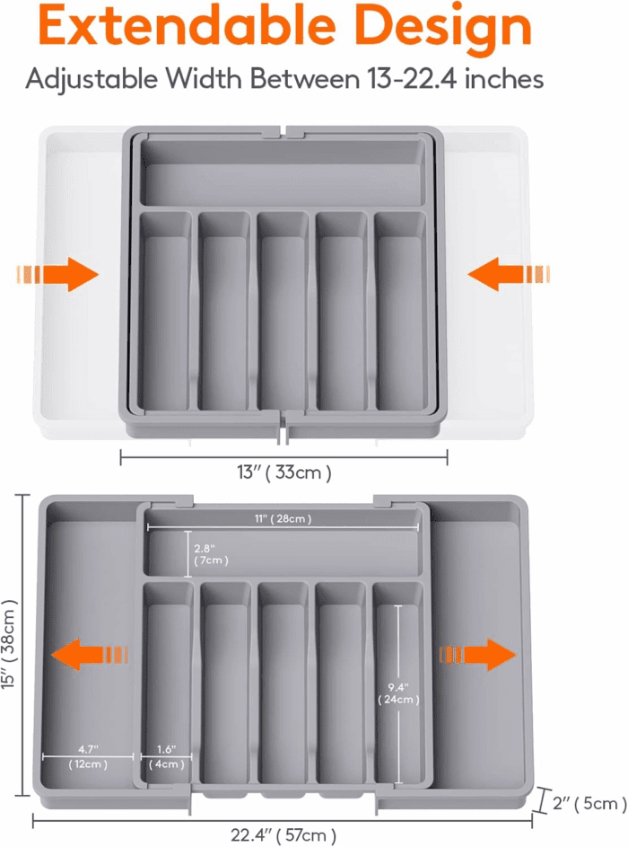 Silverware Drawer Organizer, Expandable Utensil Tray for Kitchen, BPA Free Flatware and Cutlery Holder, Adjustable Plastic Storage for Spoons Forks Knives, Large, Grey - Image 3