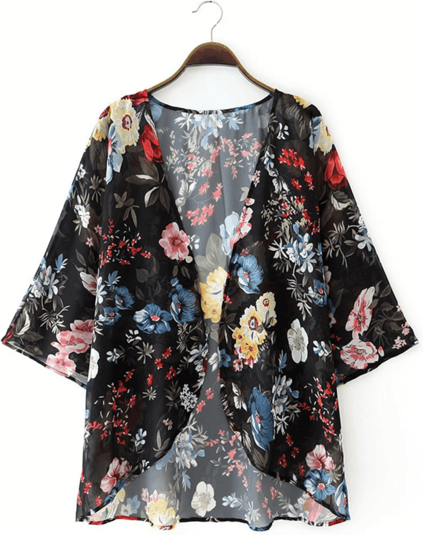 Women Floral Print Lightweight Chiffon Kimono Cardigan Short Sleeve Loose Beach Wear Cover up Blouse Top - Image 3