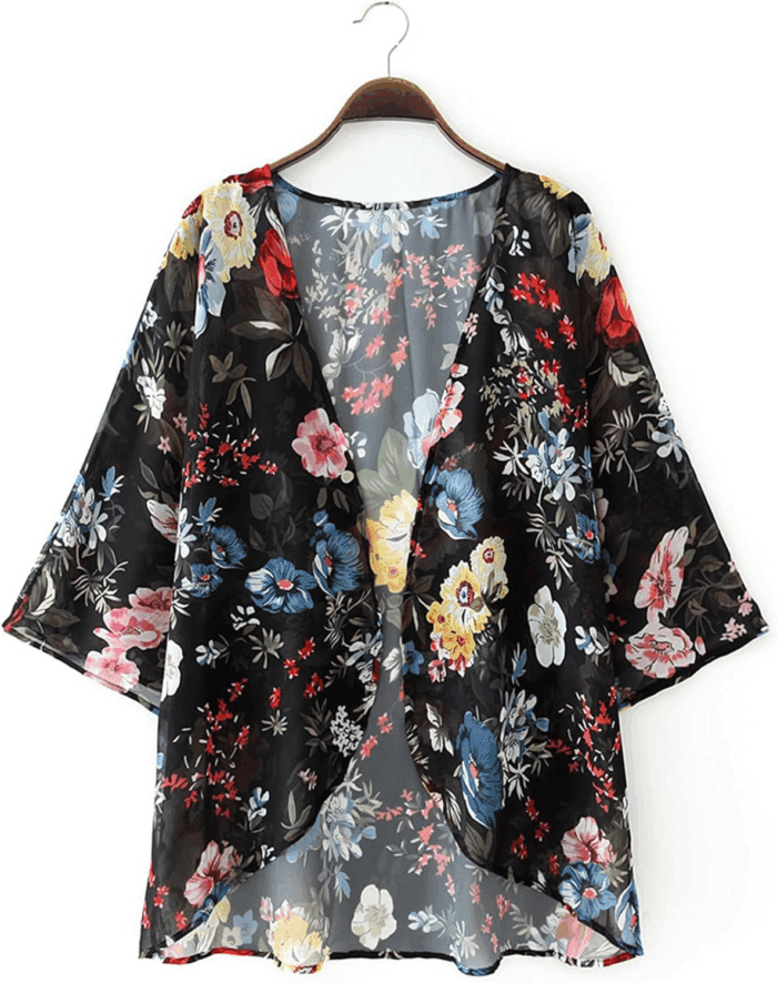 Women Floral Print Lightweight Chiffon Kimono Cardigan Short Sleeve Loose Beach Wear Cover up Blouse Top - Image 3