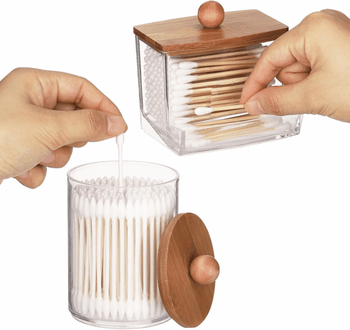 Qtips Holder Dispenser, 10/7 Oz Cotton Ball/Swabs Storage Containers, Apothecary Jars for Bathroom Organizer Bambooo Lids - Image 3