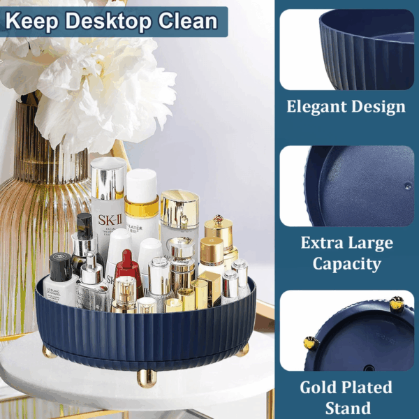 Makeup Perfume Organizer, 360 Degree Rotating Skincare Organizer Large Capacity Cosmetic Desk Spinning Storage Lotions Display Cases for Dresser, Blue - Image 3