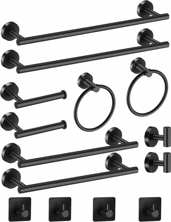 Bathroom Hardware Set 14 Pieces, Black Bathroom Accessories Set Including 24 Inch and 16 Inch Towel Bar, Towel Ring, Toilet Paper Holder and Towel Hooks