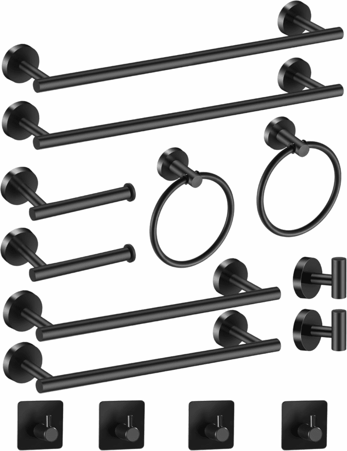 Bathroom Hardware Set 14 Pieces, Black Bathroom Accessories Set Including 24 Inch and 16 Inch Towel Bar, Towel Ring, Toilet Paper Holder and Towel Hooks