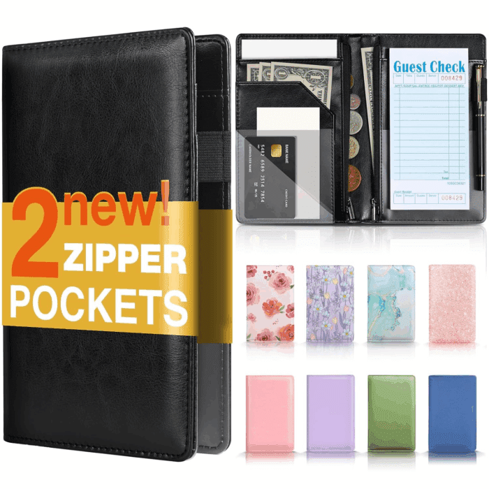 Server Book, 2 Zipper Pocket, Server Books for Waitress, Waitress Book for Servers, Fits Waitress Apron, Guest Book, Waitress Accessories, Serving Book,Receipt Holder, Black