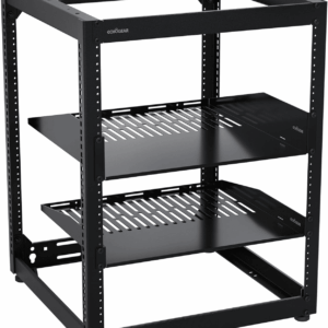 15U Open Frame Rack for Servers & AV Gear - Wall Mountable Design Includes 2X Vented Shelves, 25X Rack Mounting Screws, 4X Leveling Feet, 4X Shelf Stops, & 2X Securement Straps