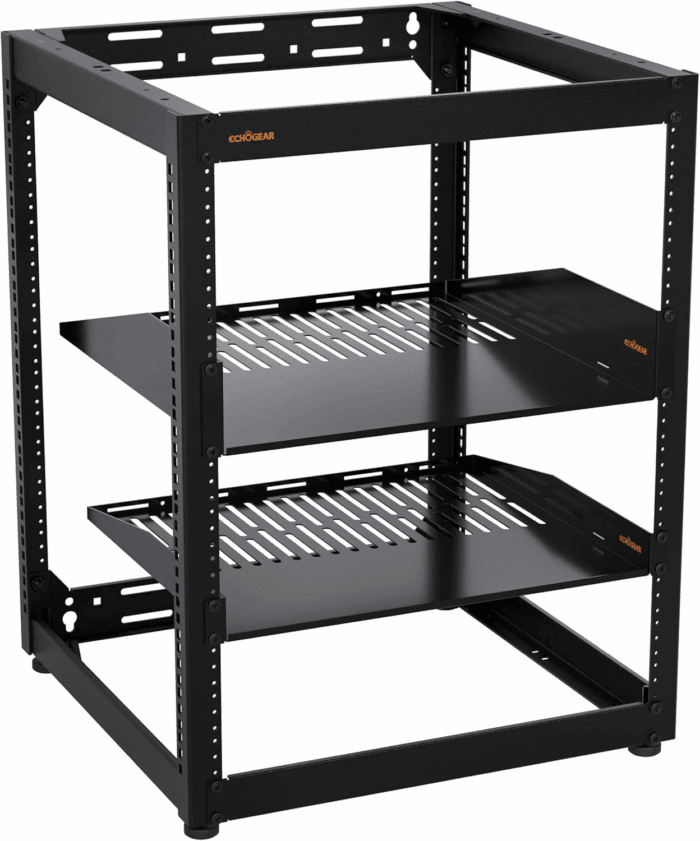 15U Open Frame Rack for Servers & AV Gear - Wall Mountable Design Includes 2X Vented Shelves, 25X Rack Mounting Screws, 4X Leveling Feet, 4X Shelf Stops, & 2X Securement Straps